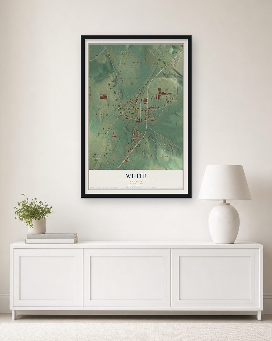 The White, Georgia map, 24 x 36 in, in a black wood frame on a living room wall