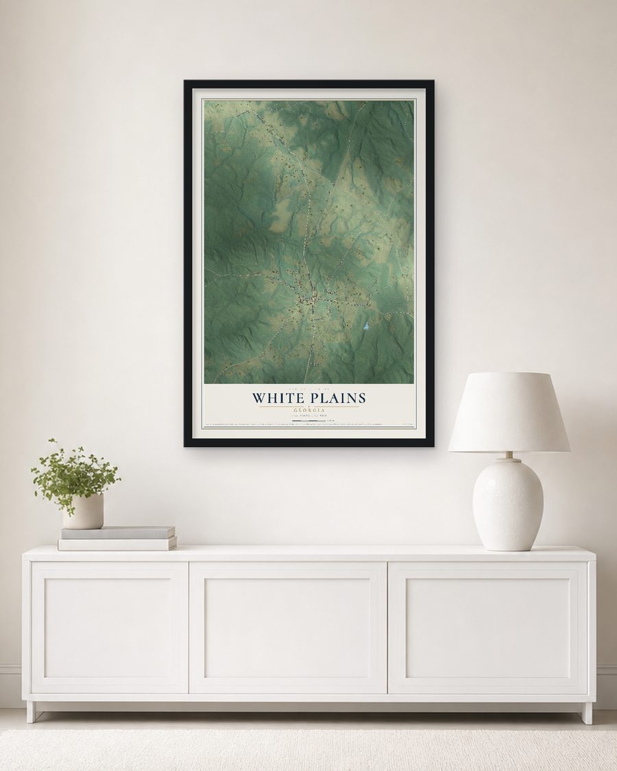 The White Plains, Georgia map, 24 x 36 in, in a black wood frame on a living room wall