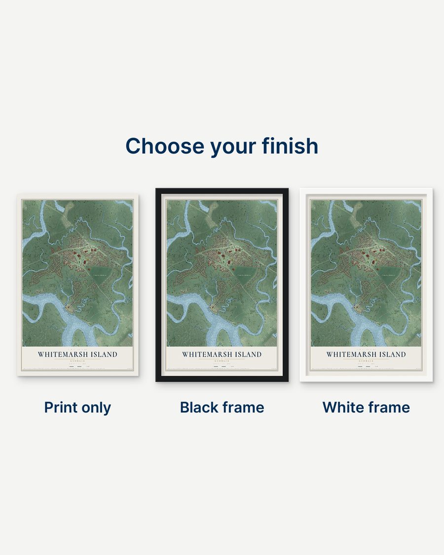 The Whitemarsh Island, Georgia map as a print only, in a black frame and in a white frame