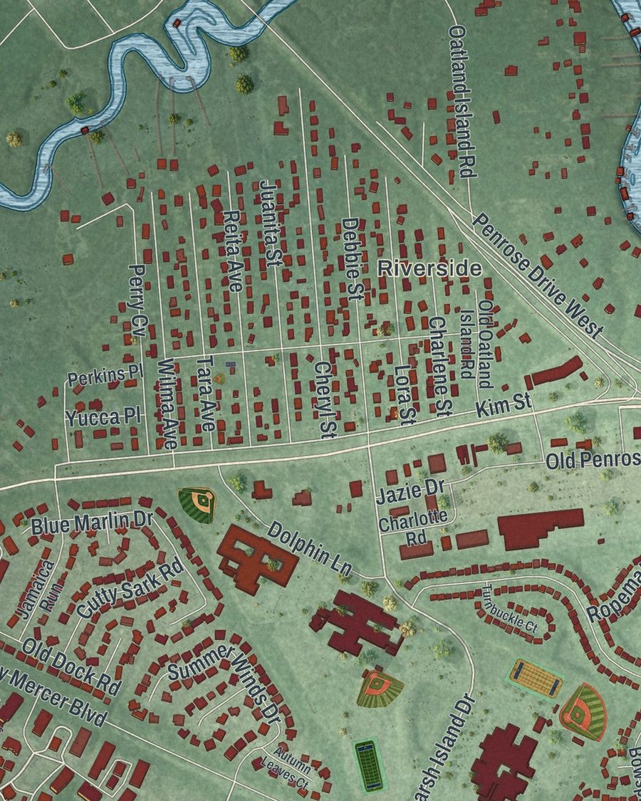 Close-up of Whitemarsh Island streets on the map