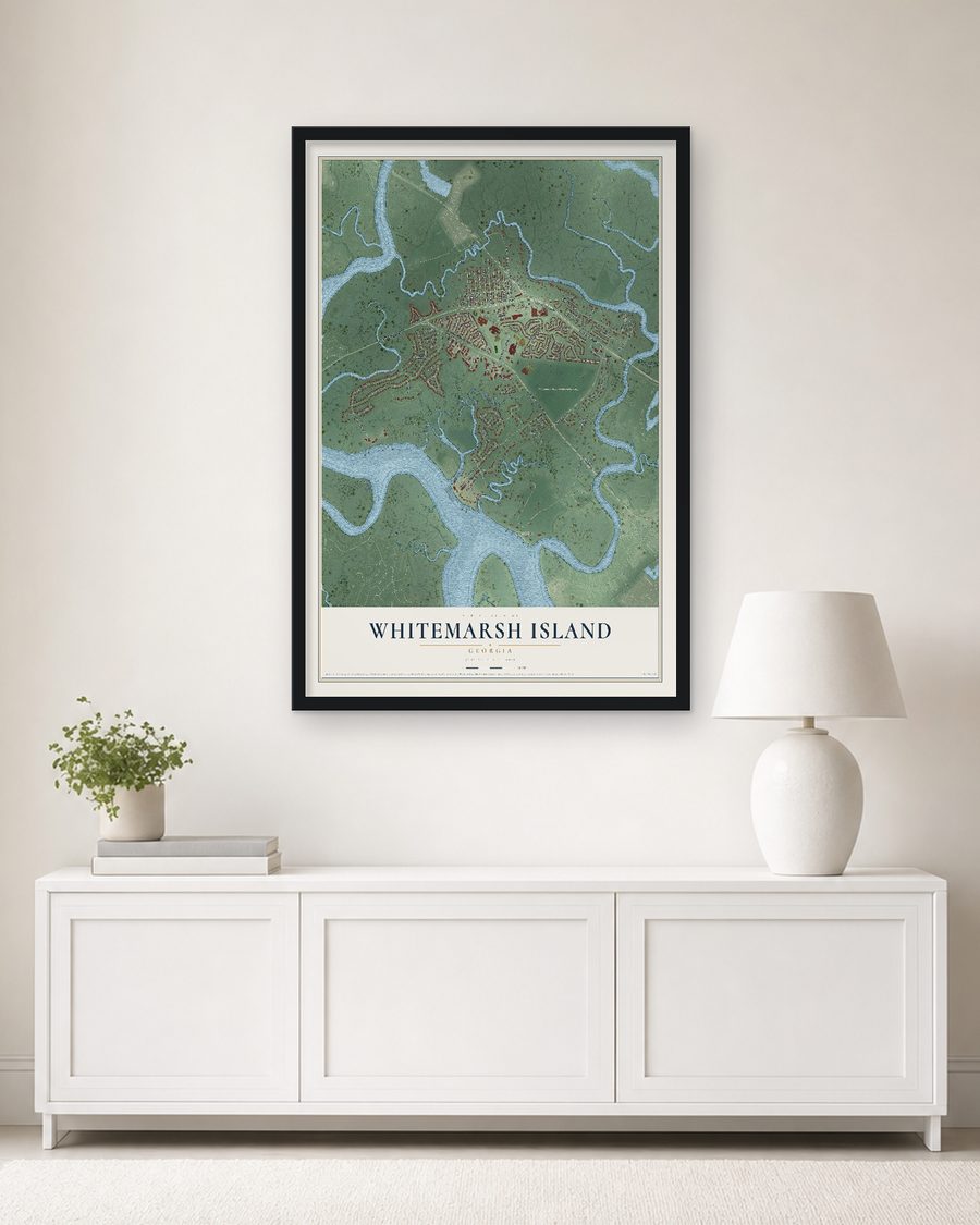 The Whitemarsh Island, Georgia map, 24 x 36 in, in a black wood frame on a living room wall