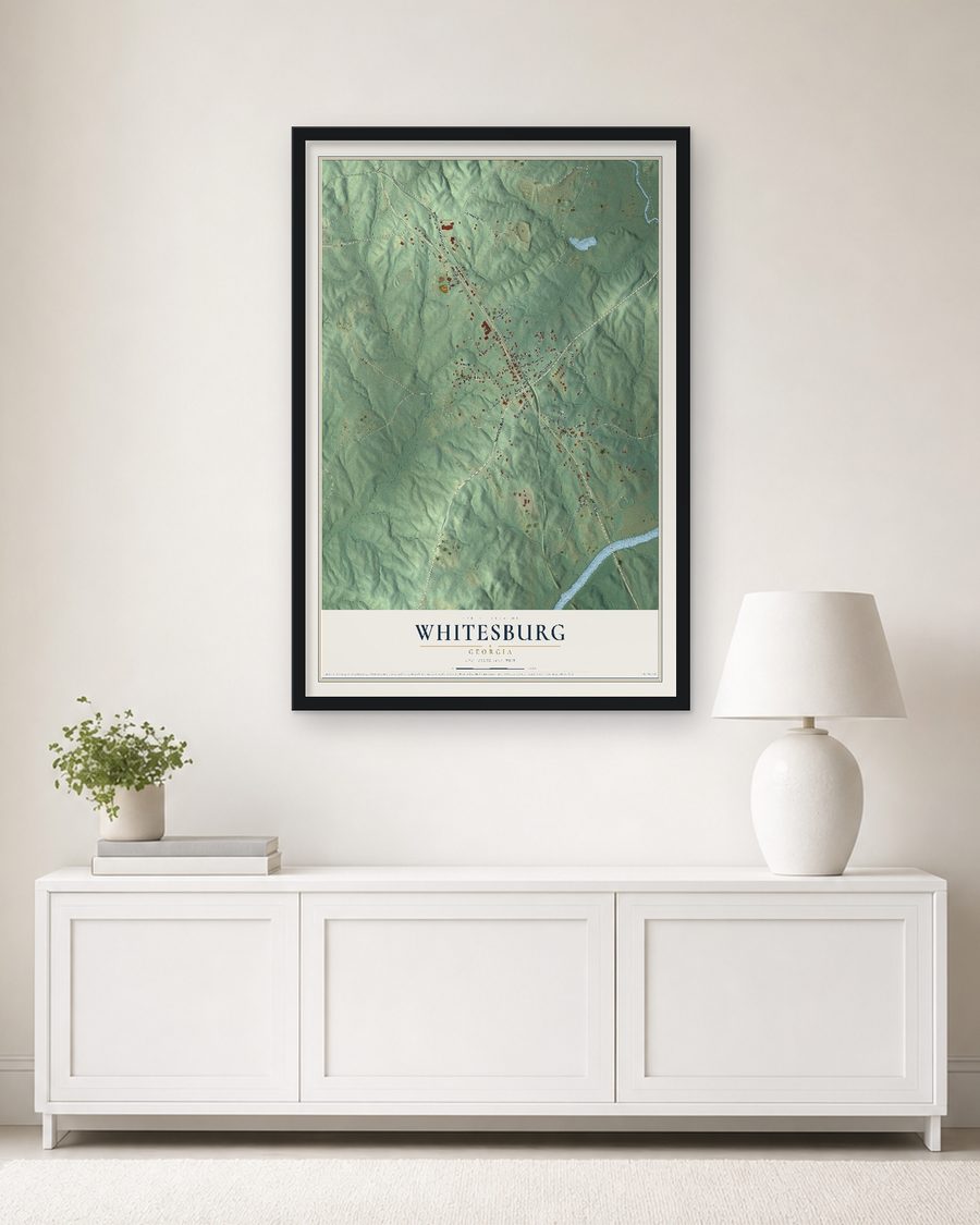 The Whitesburg, Georgia map, 24 x 36 in, in a black wood frame on a living room wall