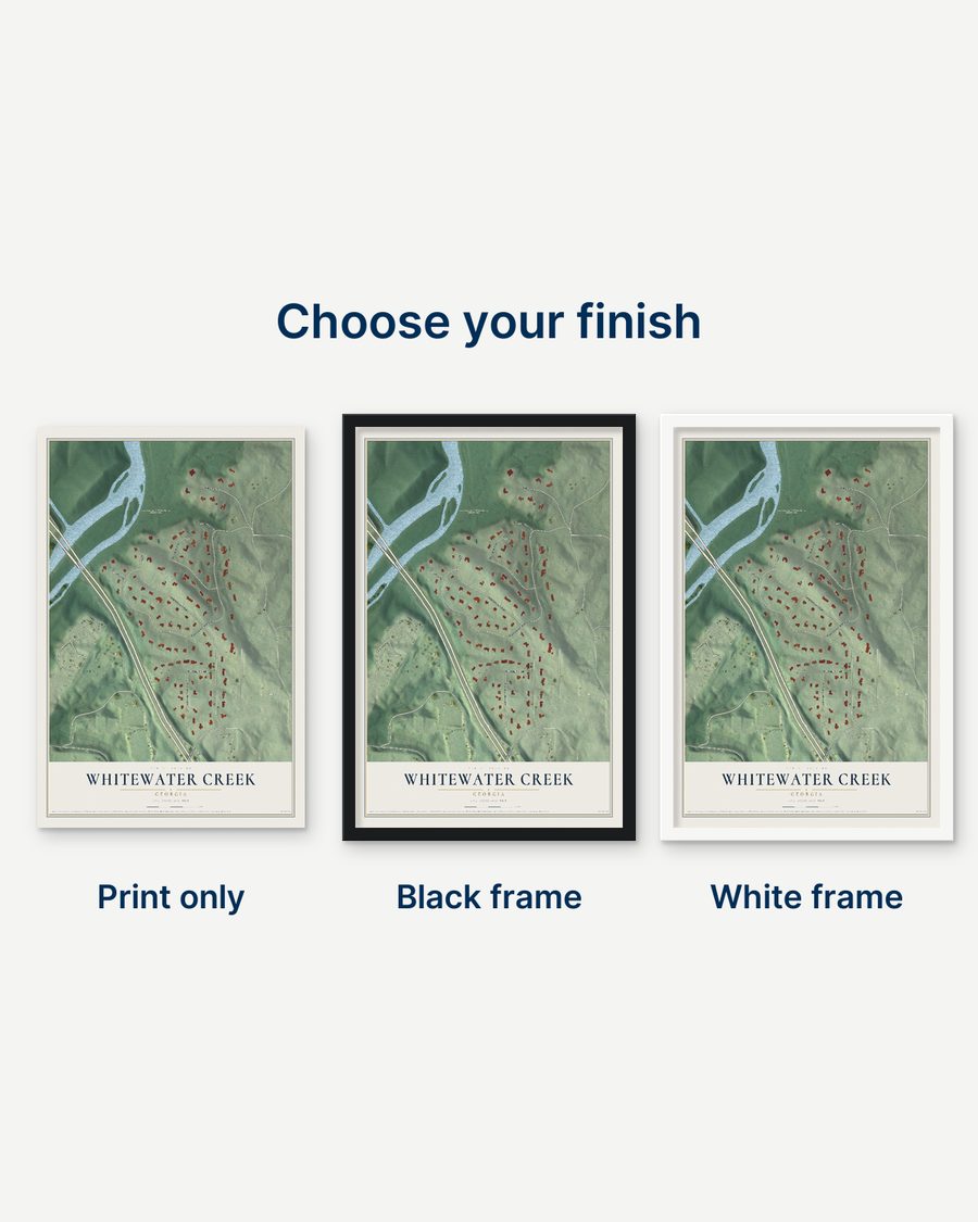 The Whitewater Creek, Georgia map as a print only, in a black frame and in a white frame