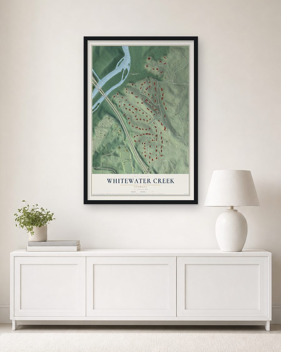 The Whitewater Creek, Georgia map, 24 x 36 in, in a black wood frame on a living room wall