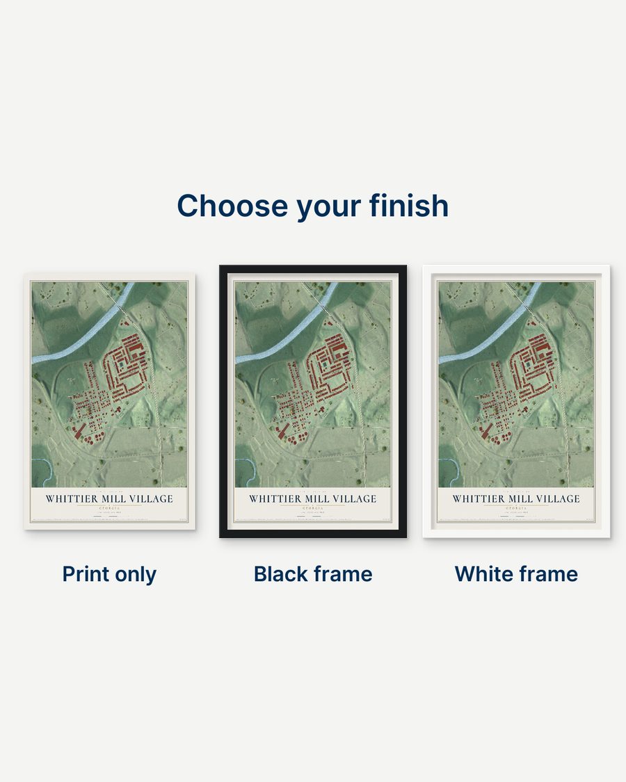 The Whittier Mill Village, Georgia map as a print only, in a black frame and in a white frame