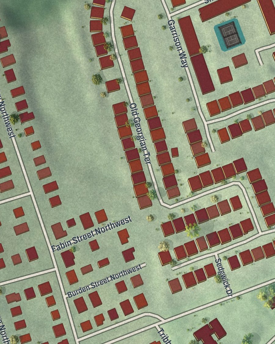 Close-up of Whittier Mill Village streets on the map