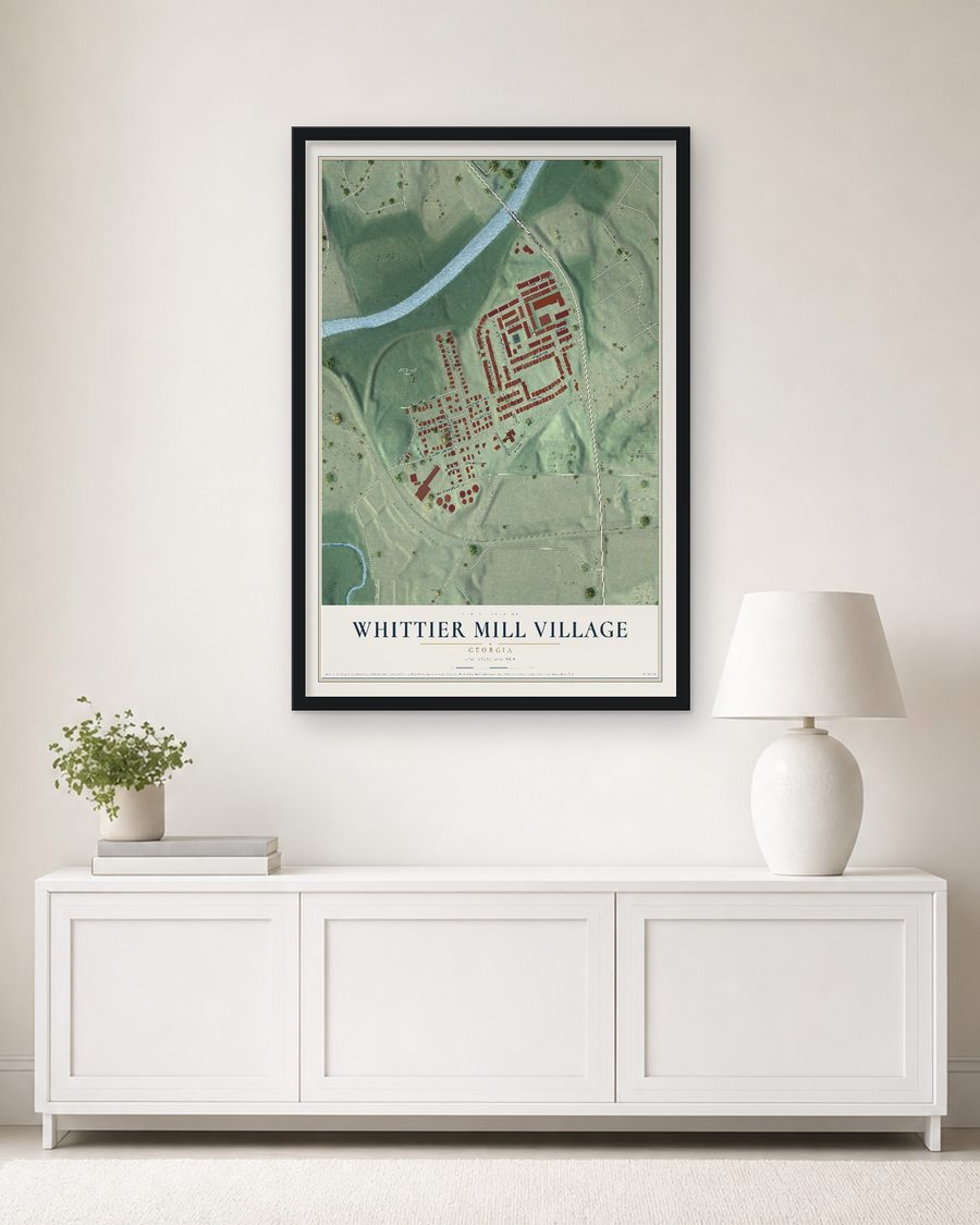 The Whittier Mill Village, Georgia map, 24 x 36 in, in a black wood frame on a living room wall
