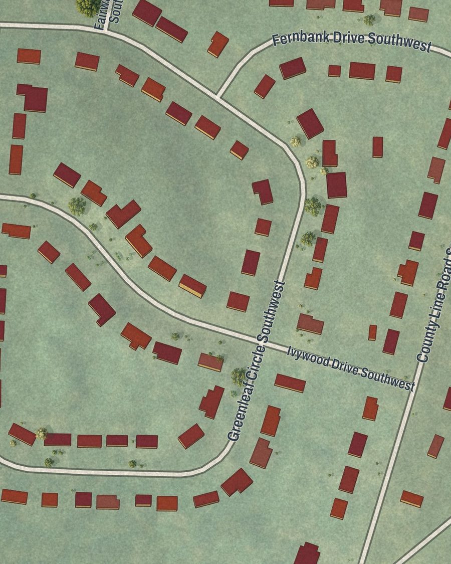 Close-up of Wildwood Forest streets on the map