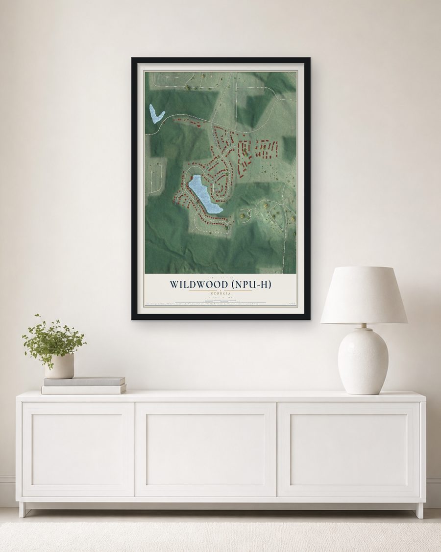 The Wildwood (NPU-H), Georgia map, 24 x 36 in, in a black wood frame on a living room wall