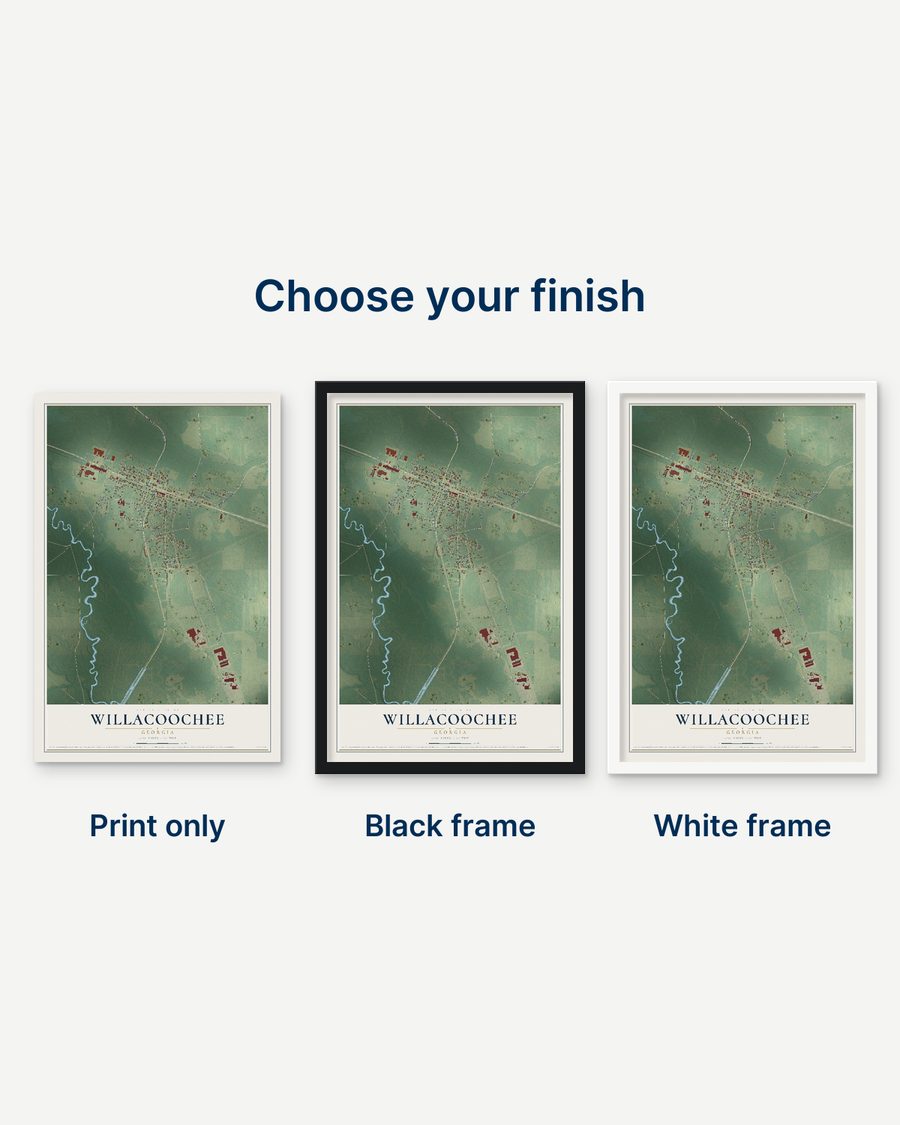 The Willacoochee, Georgia map as a print only, in a black frame and in a white frame