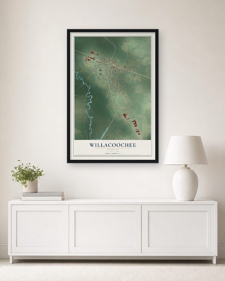 The Willacoochee, Georgia map, 24 x 36 in, in a black wood frame on a living room wall