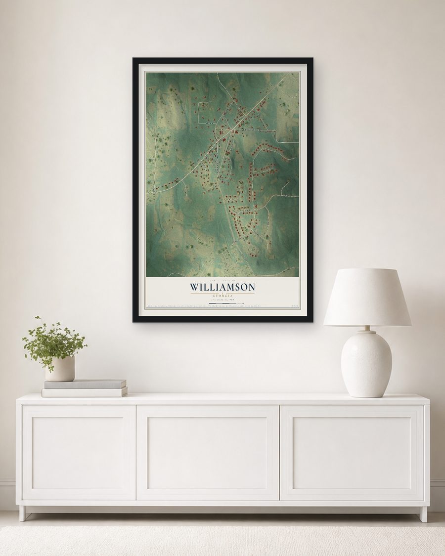 The Williamson, Georgia map, 24 x 36 in, in a black wood frame on a living room wall