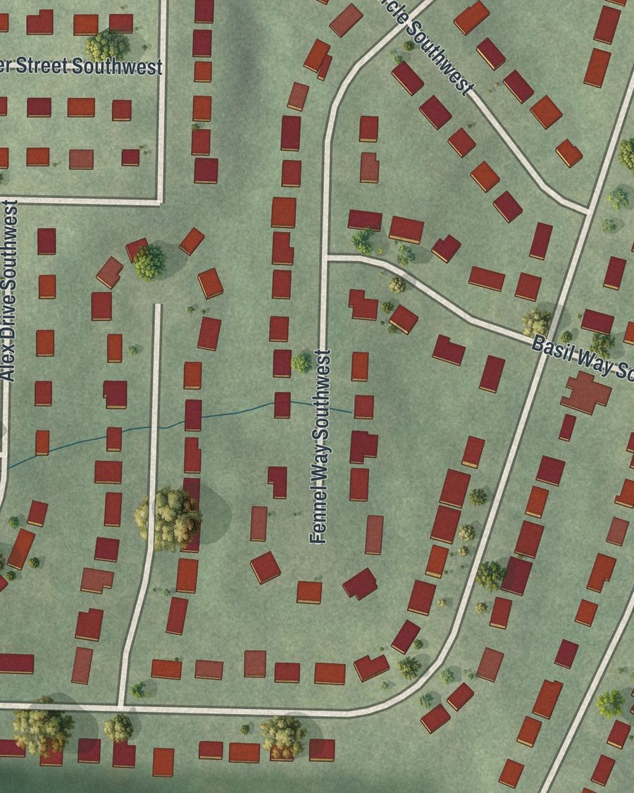 Close-up of Wilson Mill Meadows streets on the map