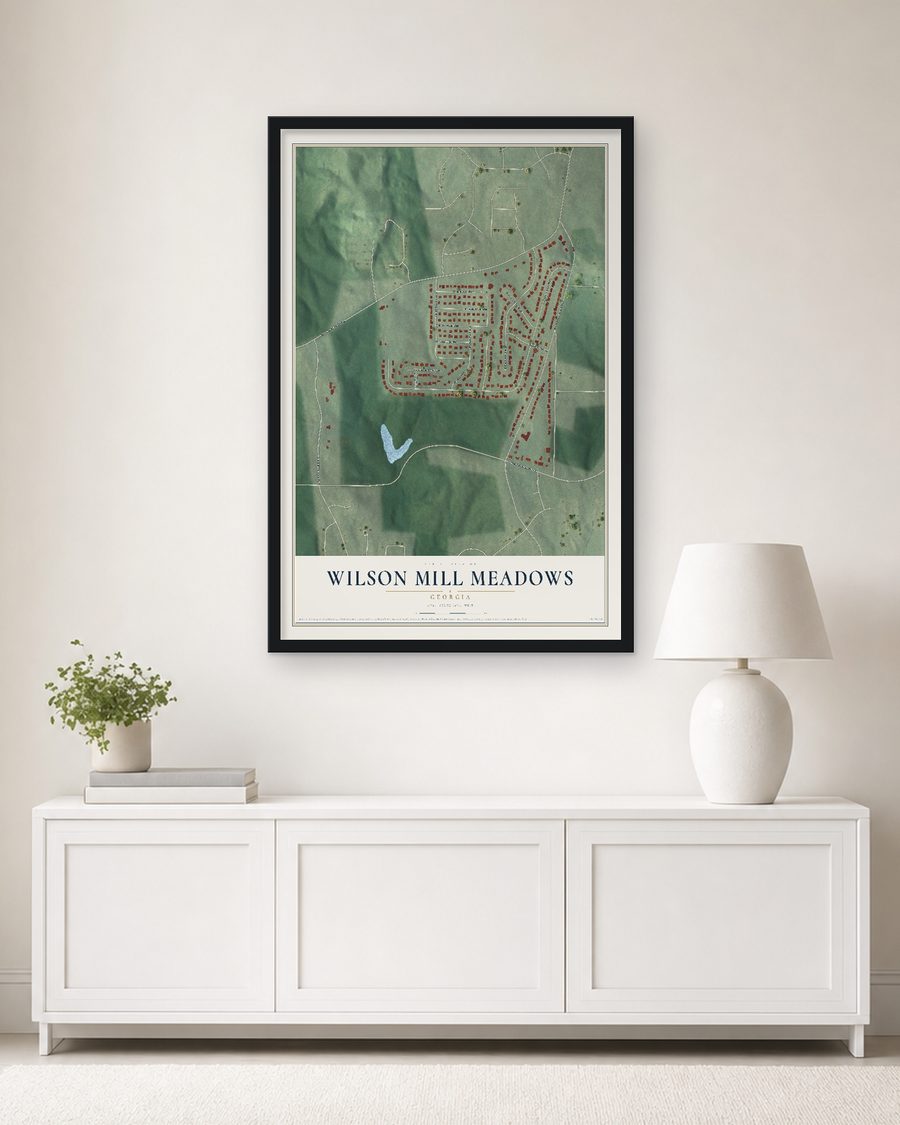 The Wilson Mill Meadows, Georgia map, 24 x 36 in, in a black wood frame on a living room wall