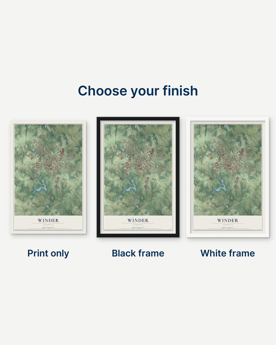The Winder, Georgia map as a print only, in a black frame and in a white frame