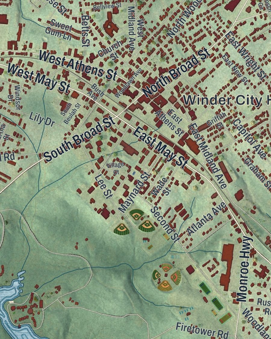 Close-up of Winder streets on the map