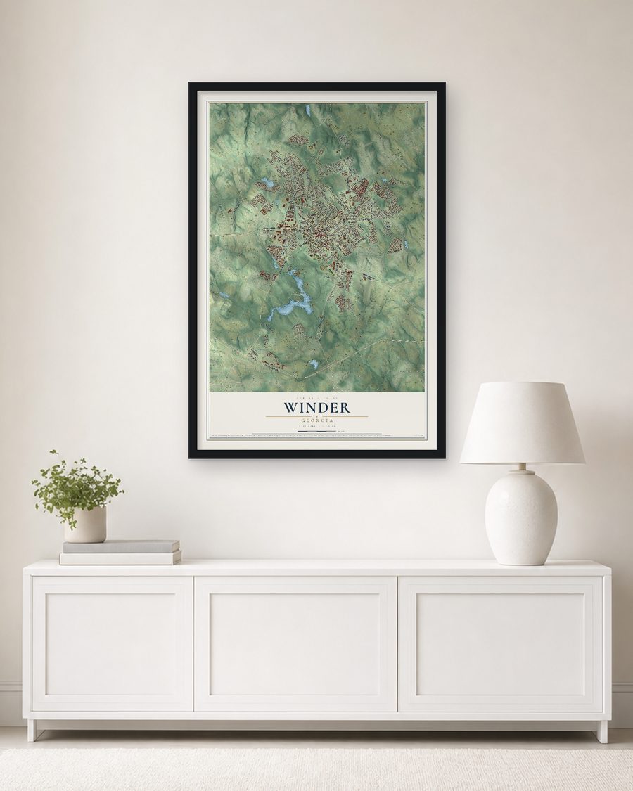 The Winder, Georgia map, 24 x 36 in, in a black wood frame on a living room wall