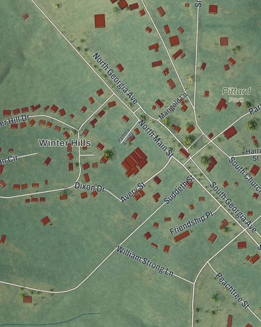 Close-up of Winterville streets on the map