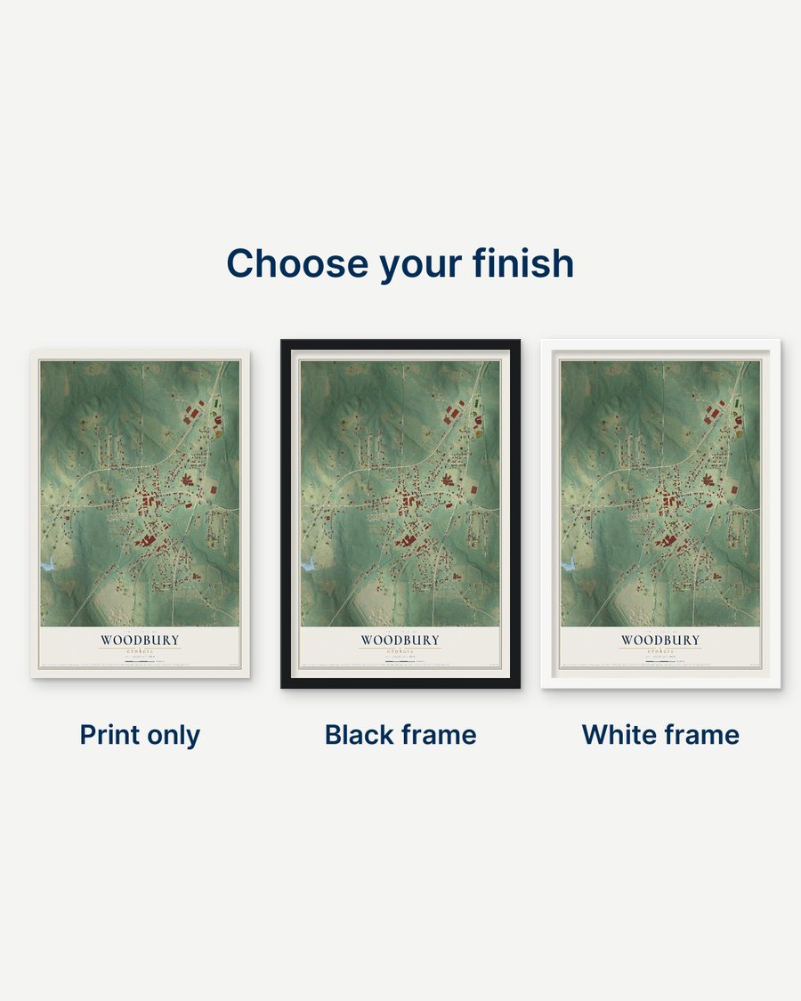 The Woodbury, Georgia map as a print only, in a black frame and in a white frame