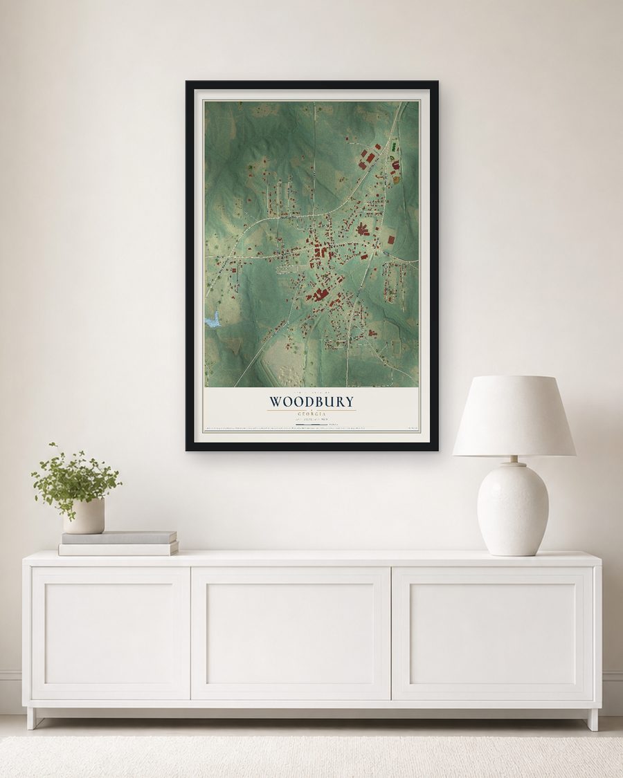 The Woodbury, Georgia map, 24 x 36 in, in a black wood frame on a living room wall