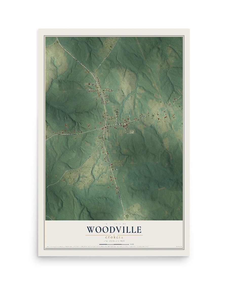 Woodville, Georgia map print, 12 x 18 in, print only