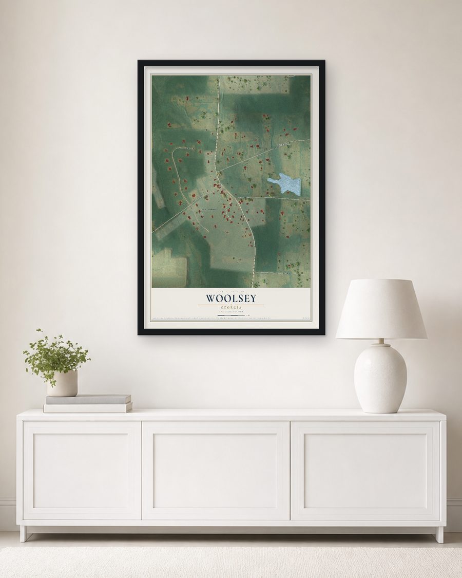 The Woolsey, Georgia map, 24 x 36 in, in a black wood frame on a living room wall