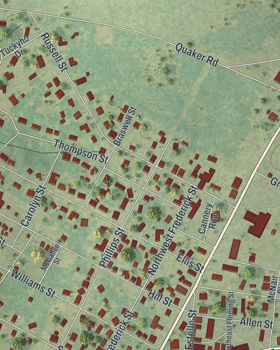 Close-up of Wrens streets on the map