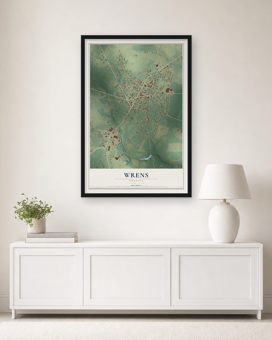The Wrens, Georgia map, 24 x 36 in, in a black wood frame on a living room wall