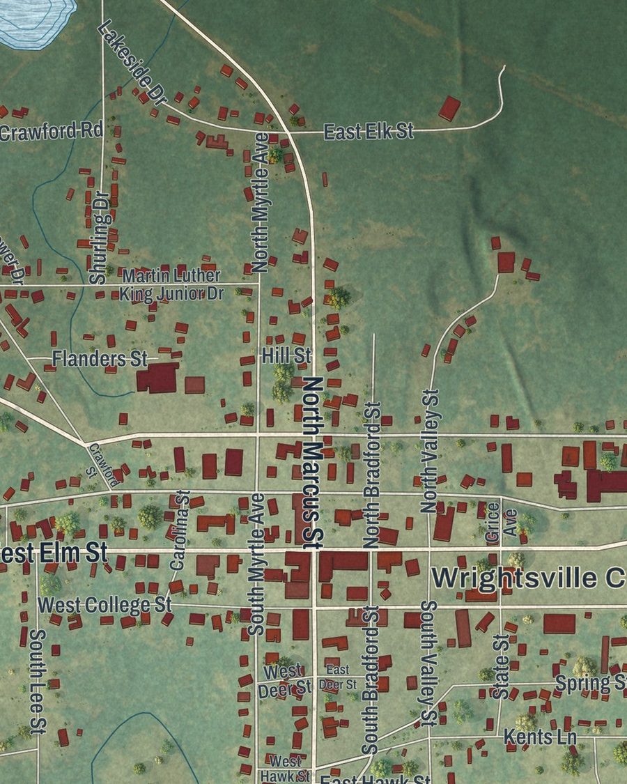 Close-up of Wrightsville streets on the map