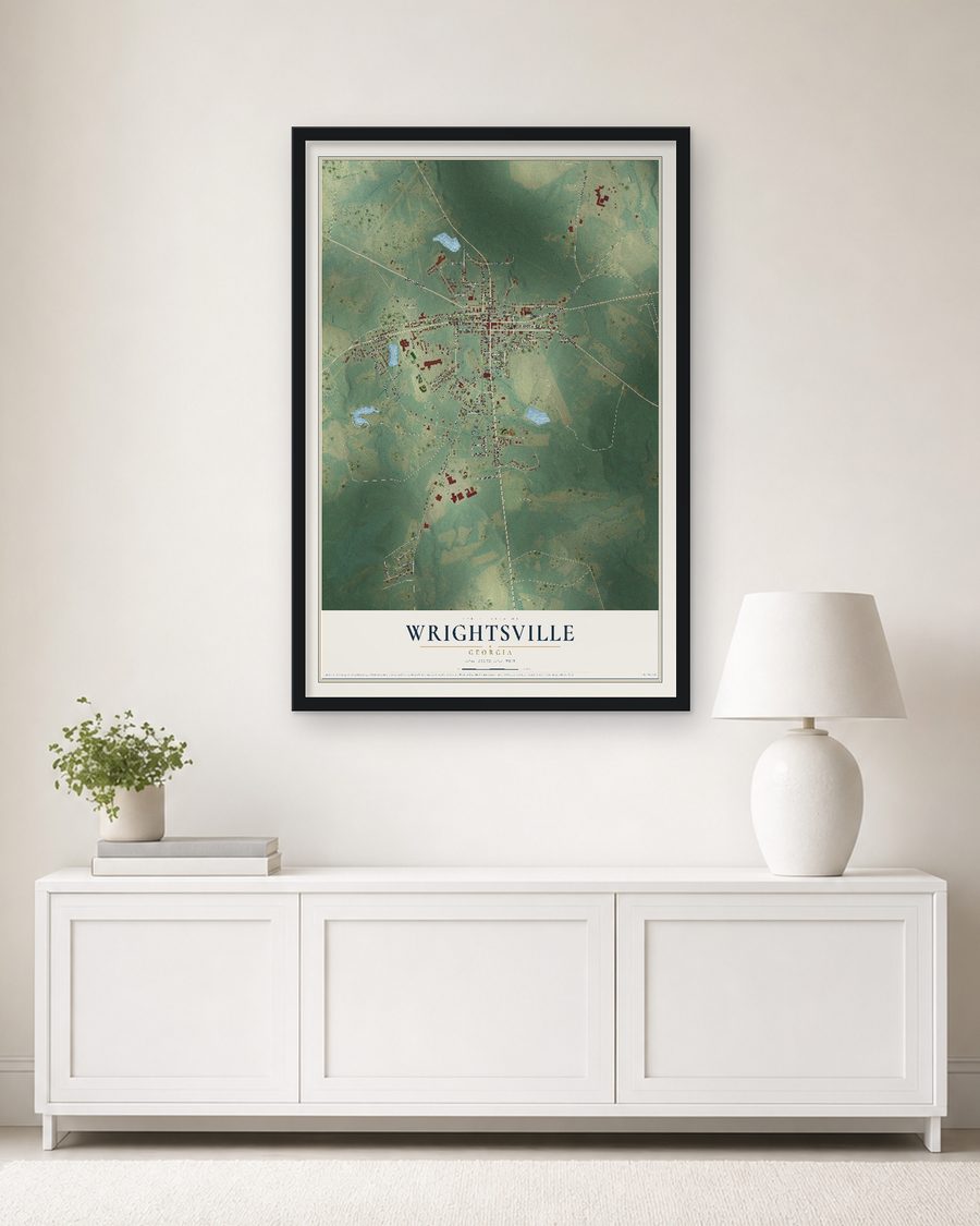 The Wrightsville, Georgia map, 24 x 36 in, in a black wood frame on a living room wall