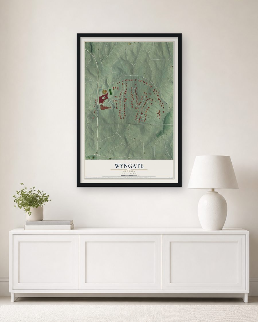 The Wyngate, Georgia map, 24 x 36 in, in a black wood frame on a living room wall