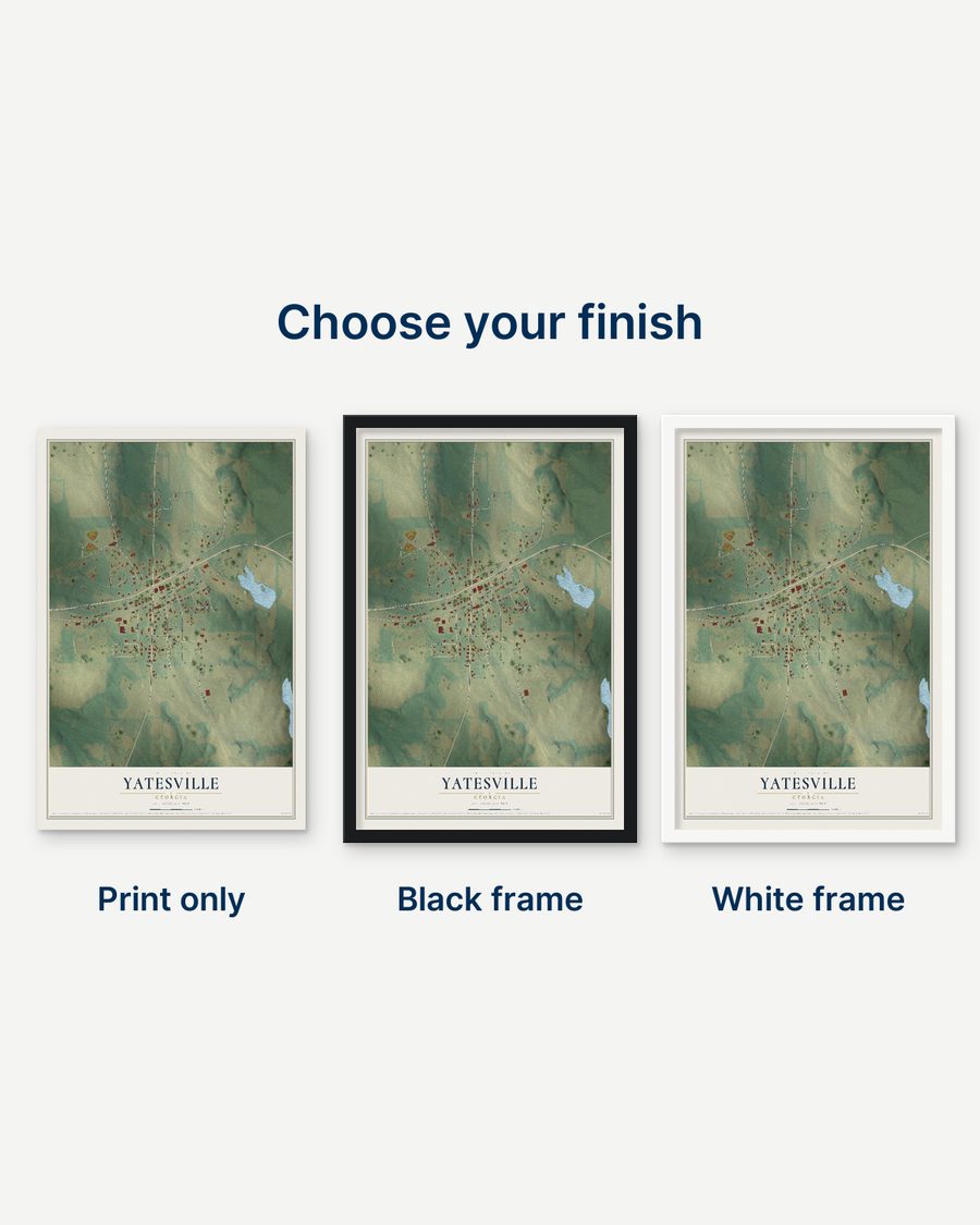 The Yatesville, Georgia map as a print only, in a black frame and in a white frame