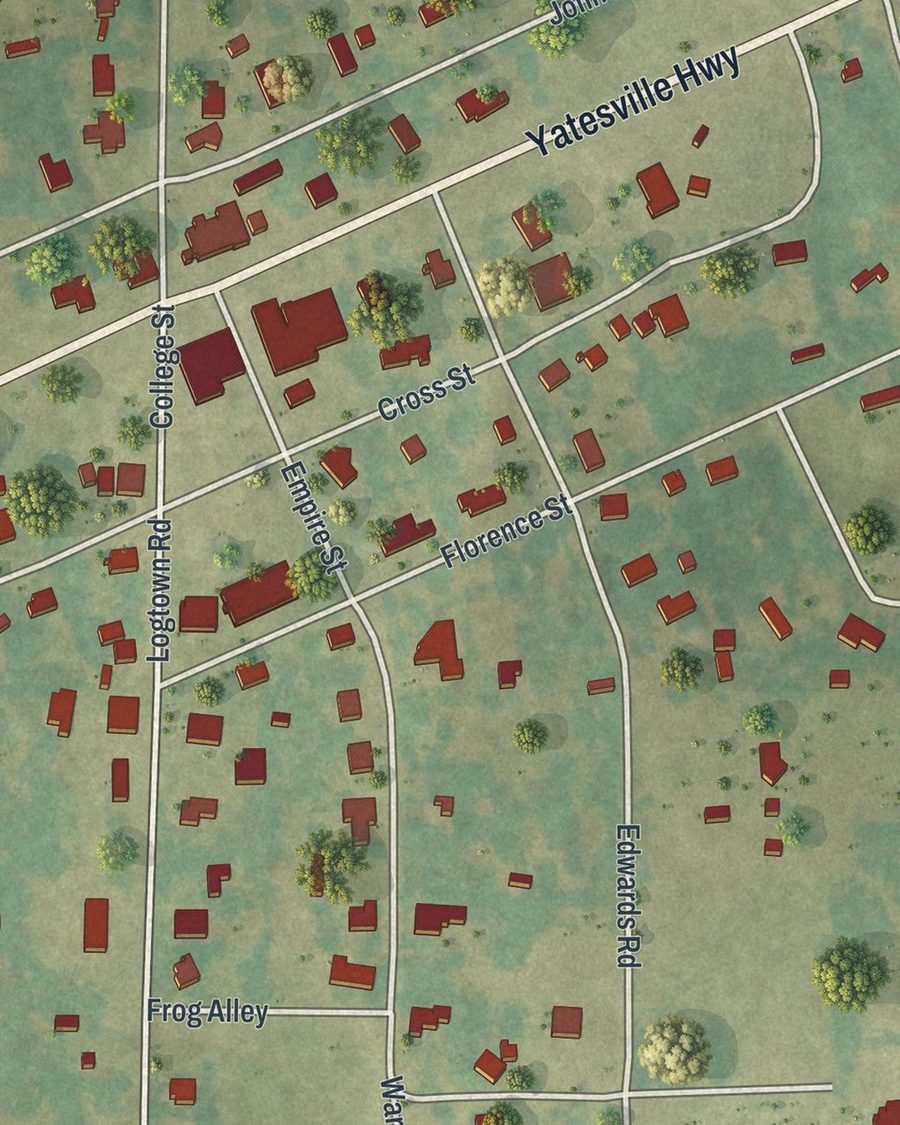 Close-up of Yatesville streets on the map