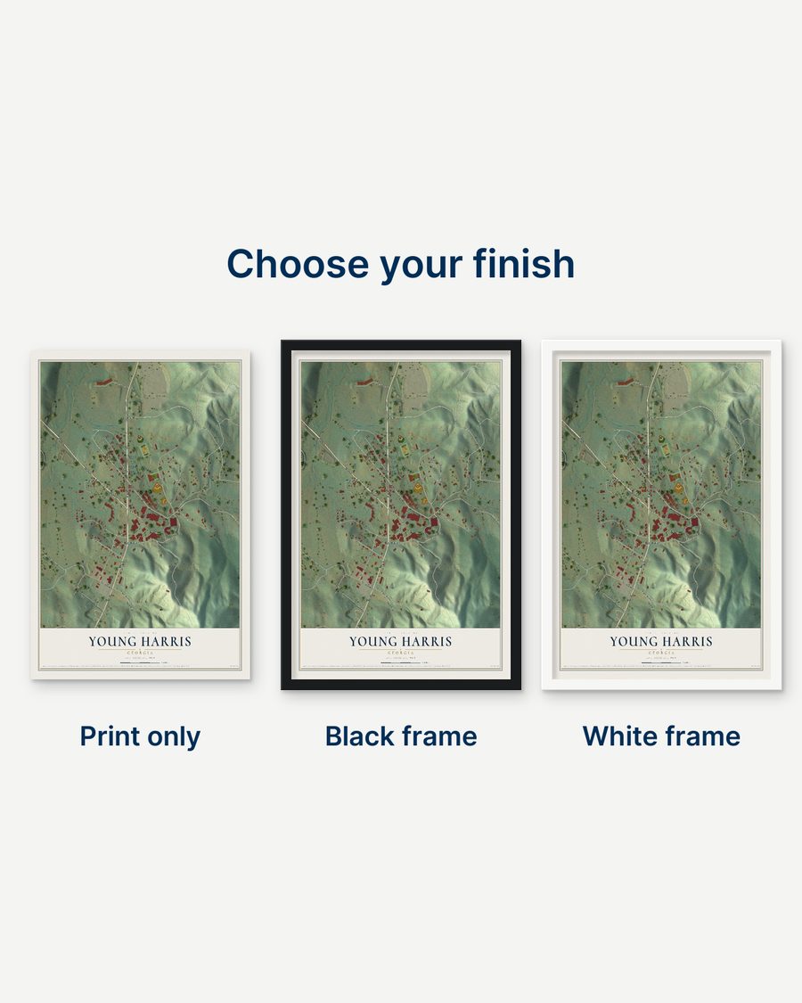The Young Harris, Georgia map as a print only, in a black frame and in a white frame