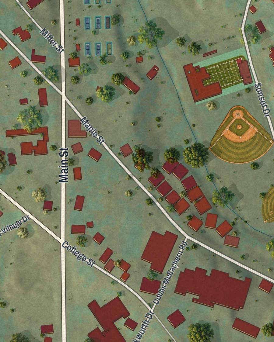 Close-up of Young Harris streets on the map