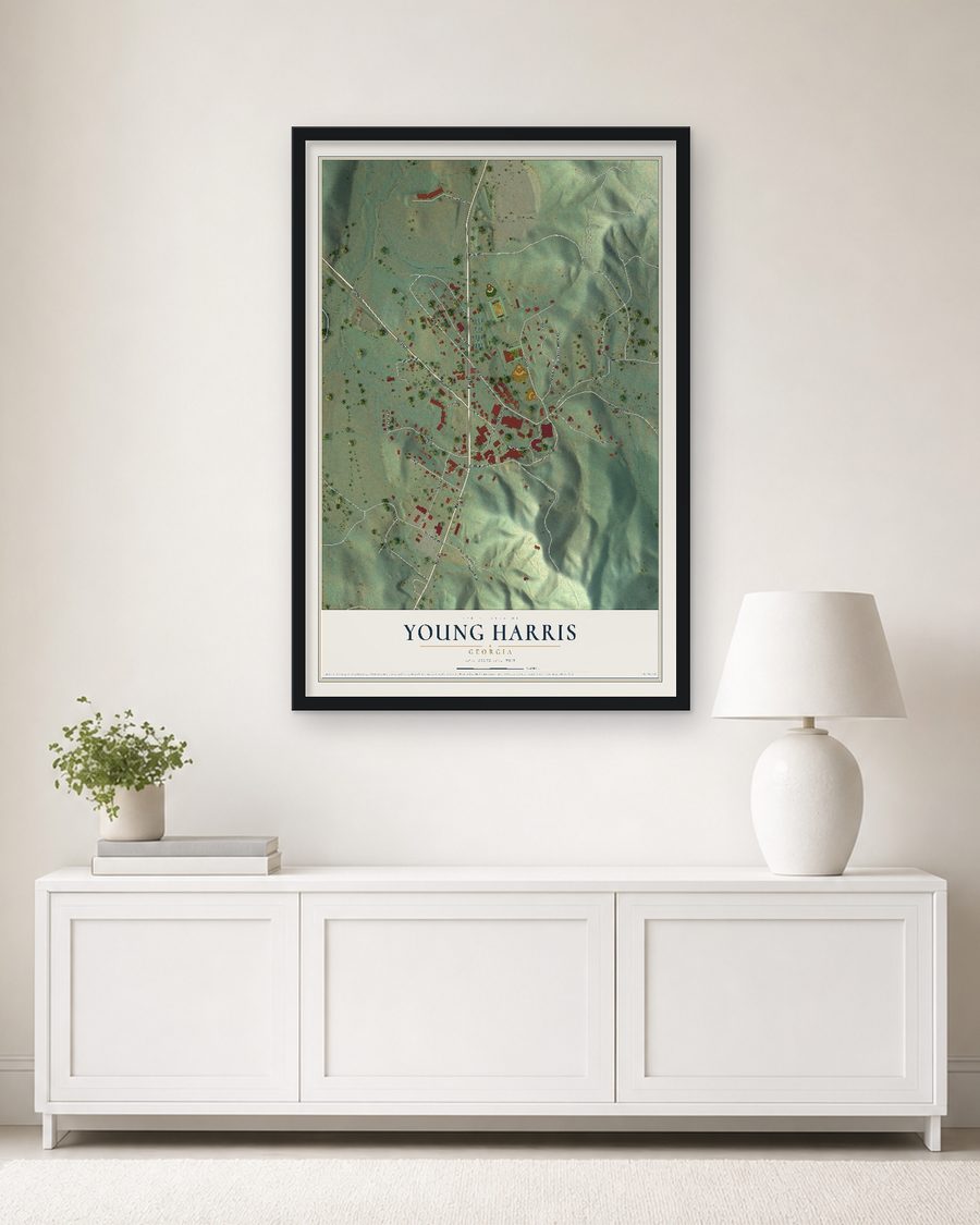 The Young Harris, Georgia map, 24 x 36 in, in a black wood frame on a living room wall