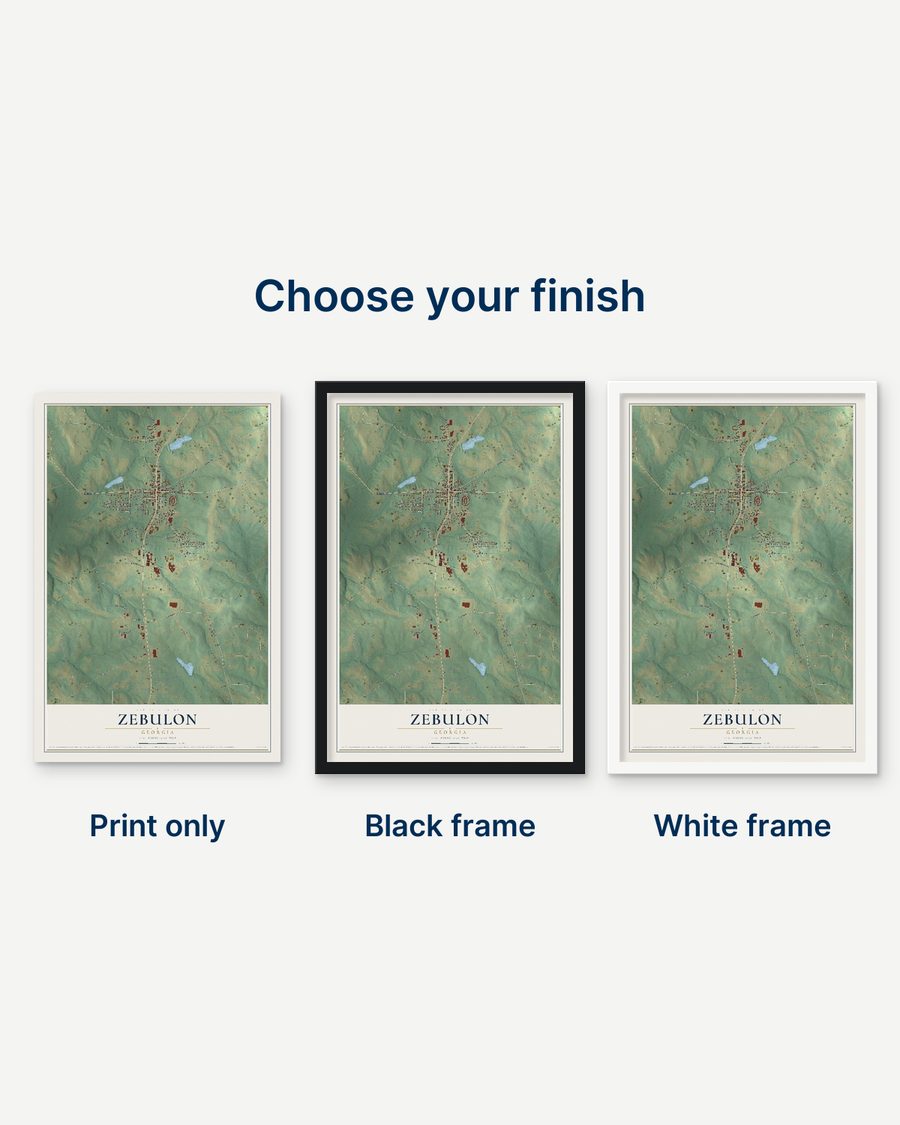 The Zebulon, Georgia map as a print only, in a black frame and in a white frame