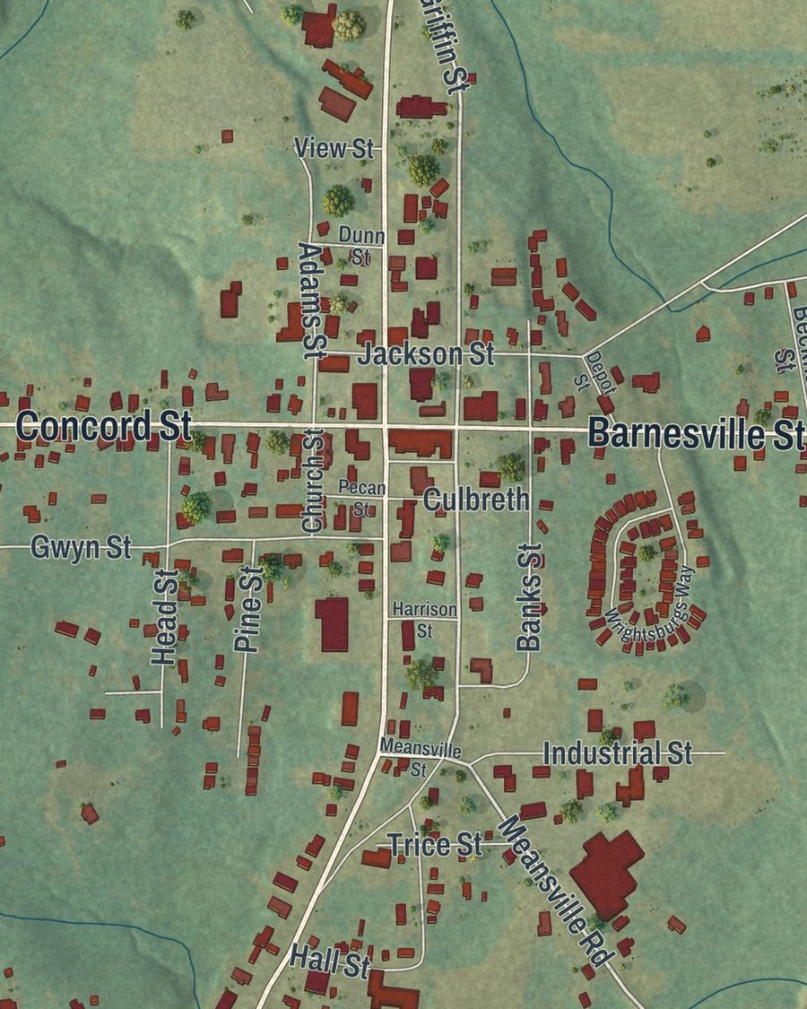 Close-up of Zebulon streets on the map
