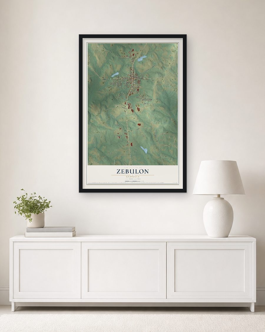 The Zebulon, Georgia map, 24 x 36 in, in a black wood frame on a living room wall
