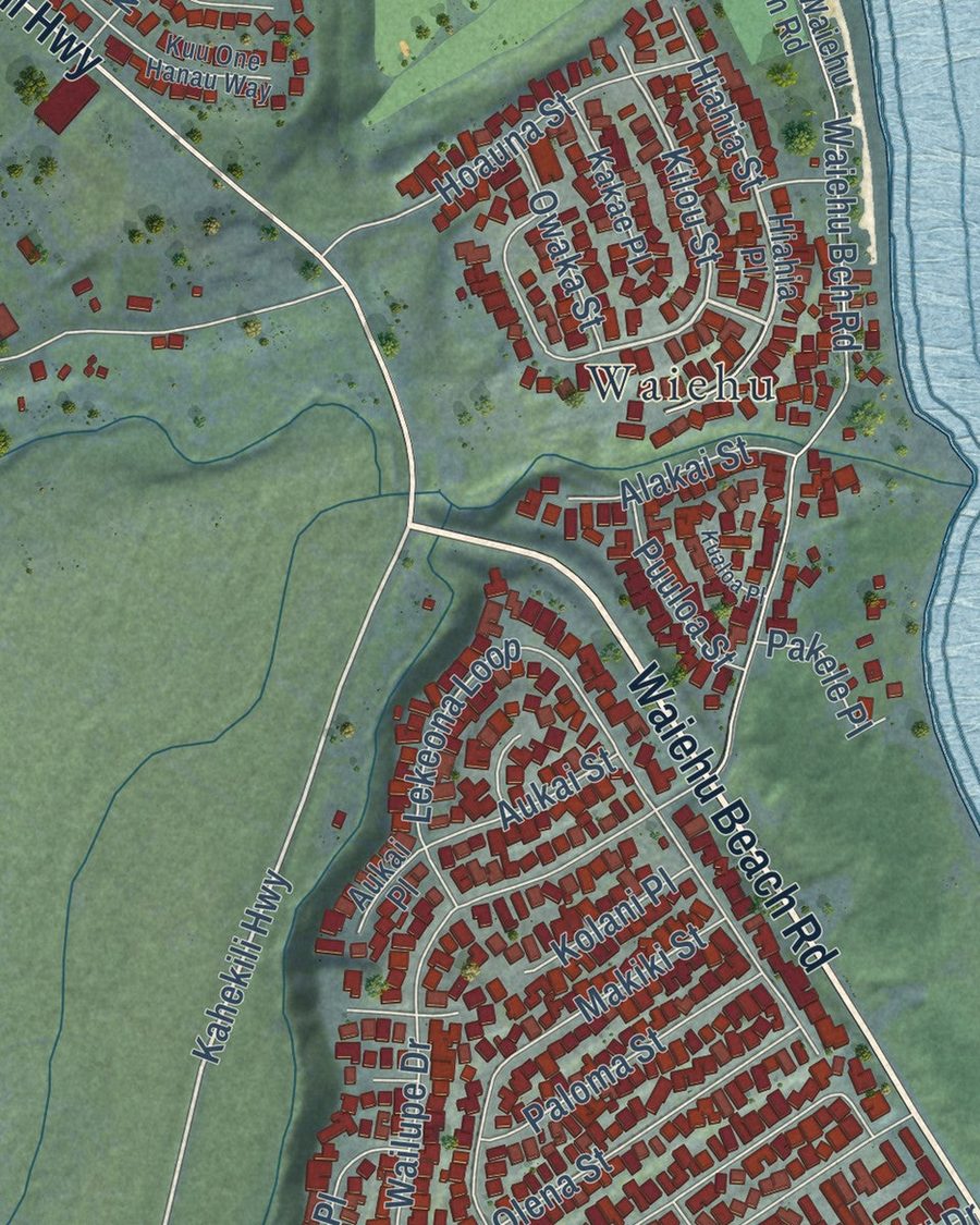 Close-up of Waihee-Waiehu streets on the map