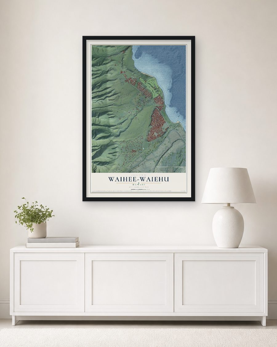 The Waihee-Waiehu, Hawaii map, 24 x 36 in, in a black wood frame on a living room wall