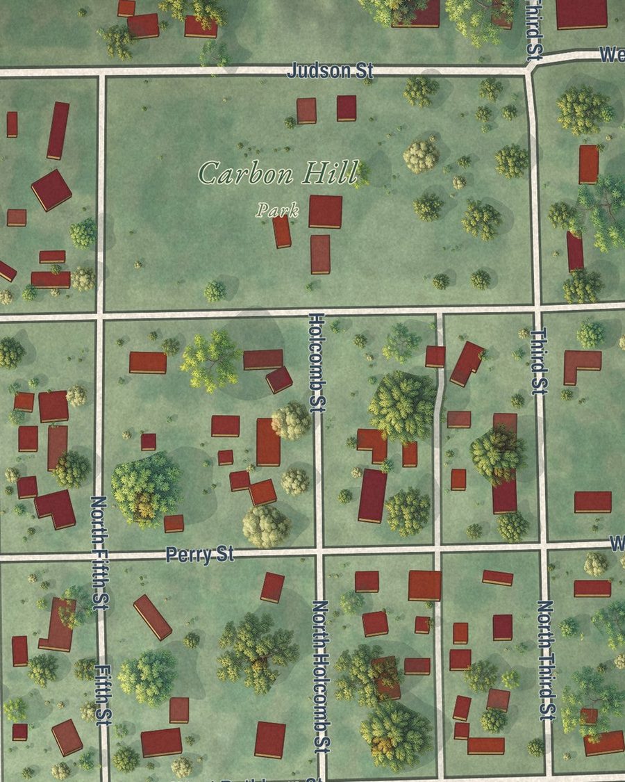 Close-up of Carbon Hill streets on the map