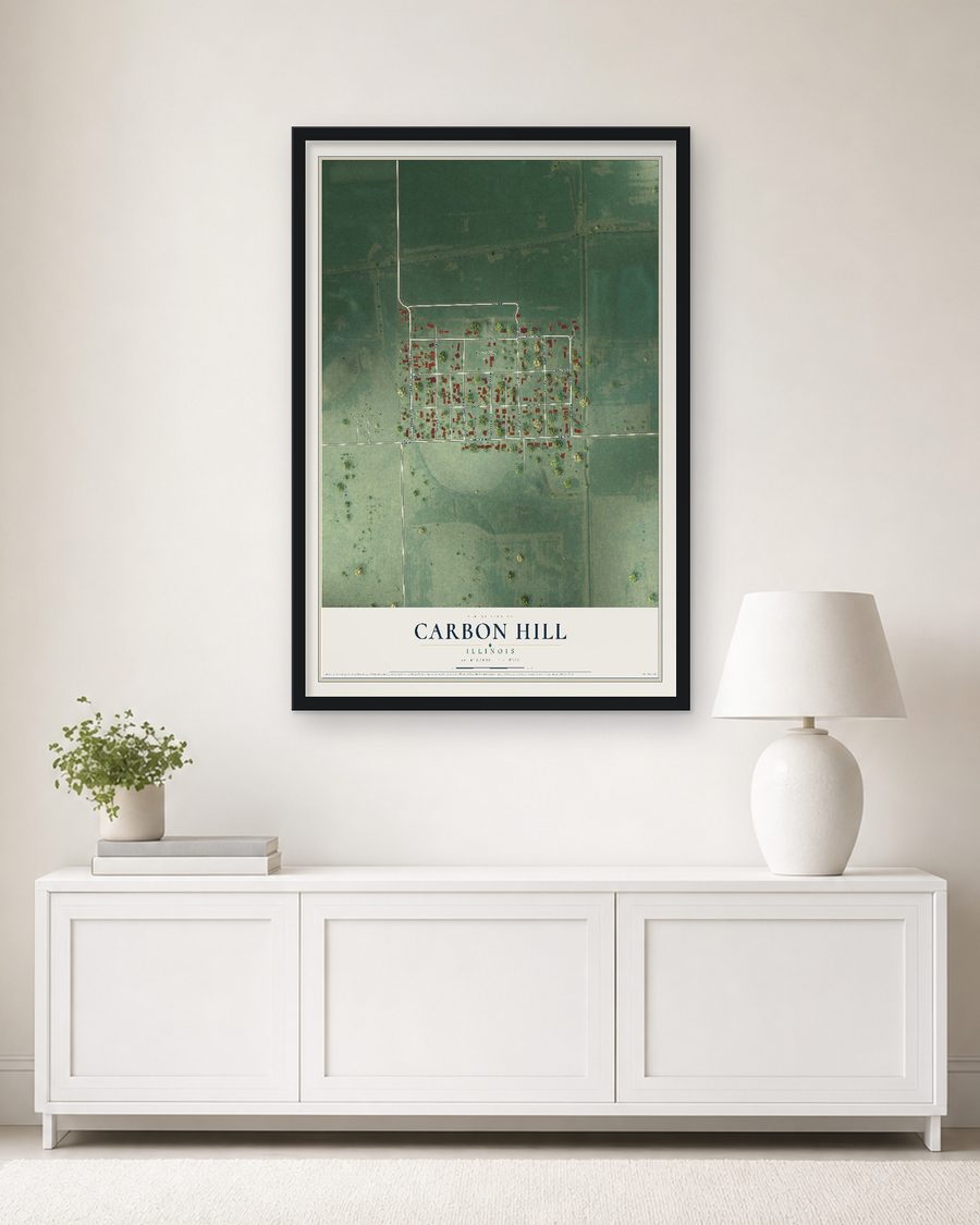 The Carbon Hill, Illinois map, 24 x 36 in, in a black wood frame on a living room wall