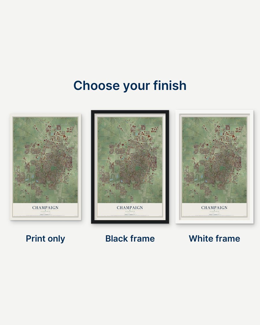 The Champaign, Illinois map as a print only, in a black frame and in a white frame