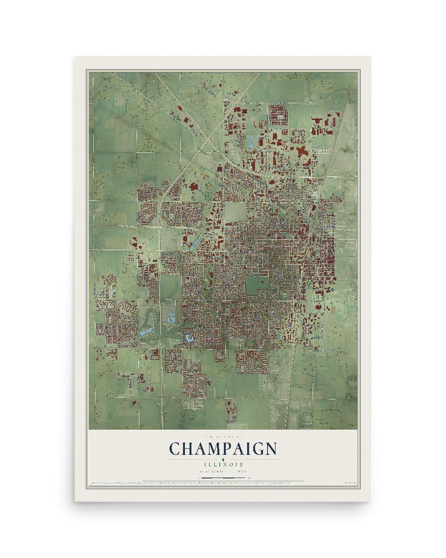 Champaign, Illinois map print, 12 x 18 in, print only