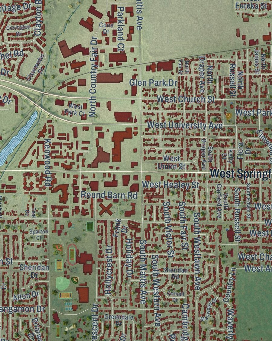 Close-up of Champaign streets on the map