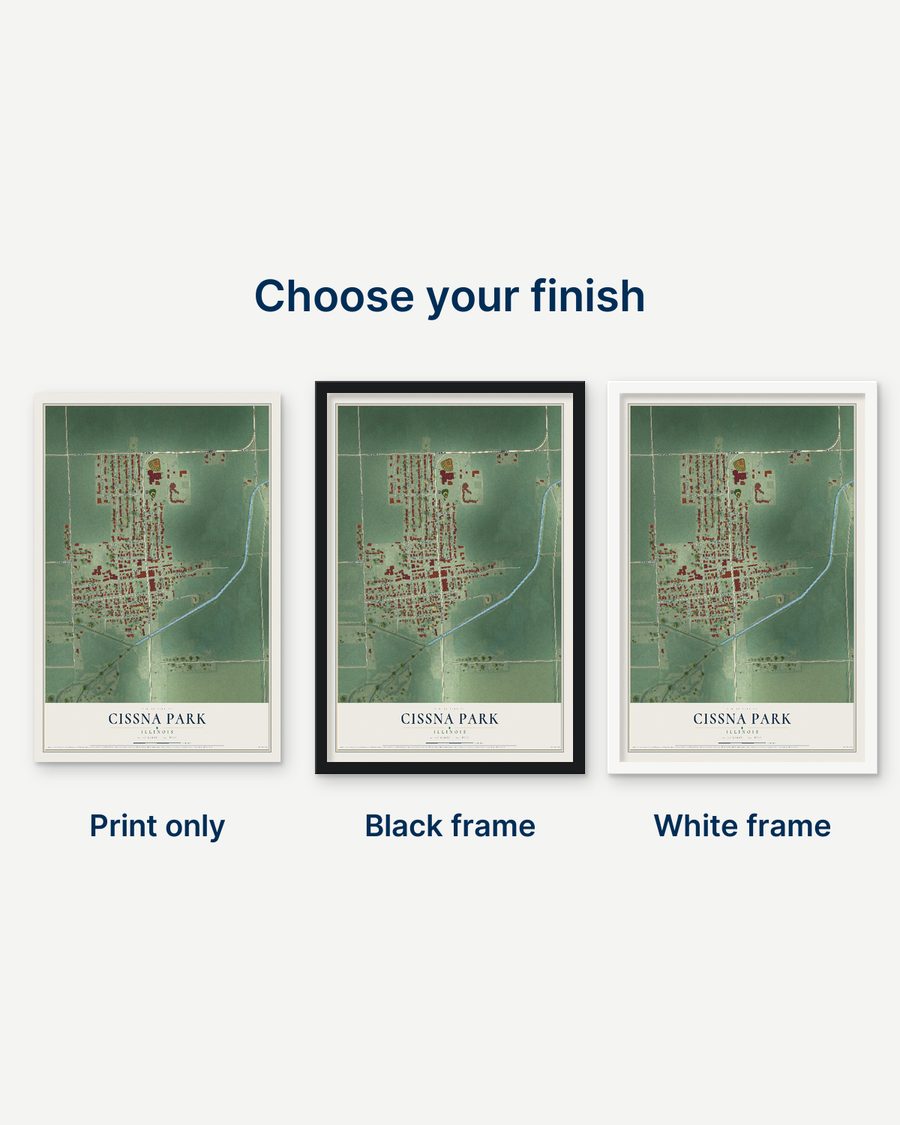 The Cissna Park, Illinois map as a print only, in a black frame and in a white frame