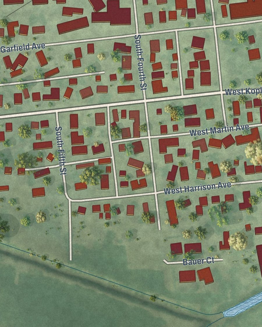 Close-up of Cissna Park streets on the map