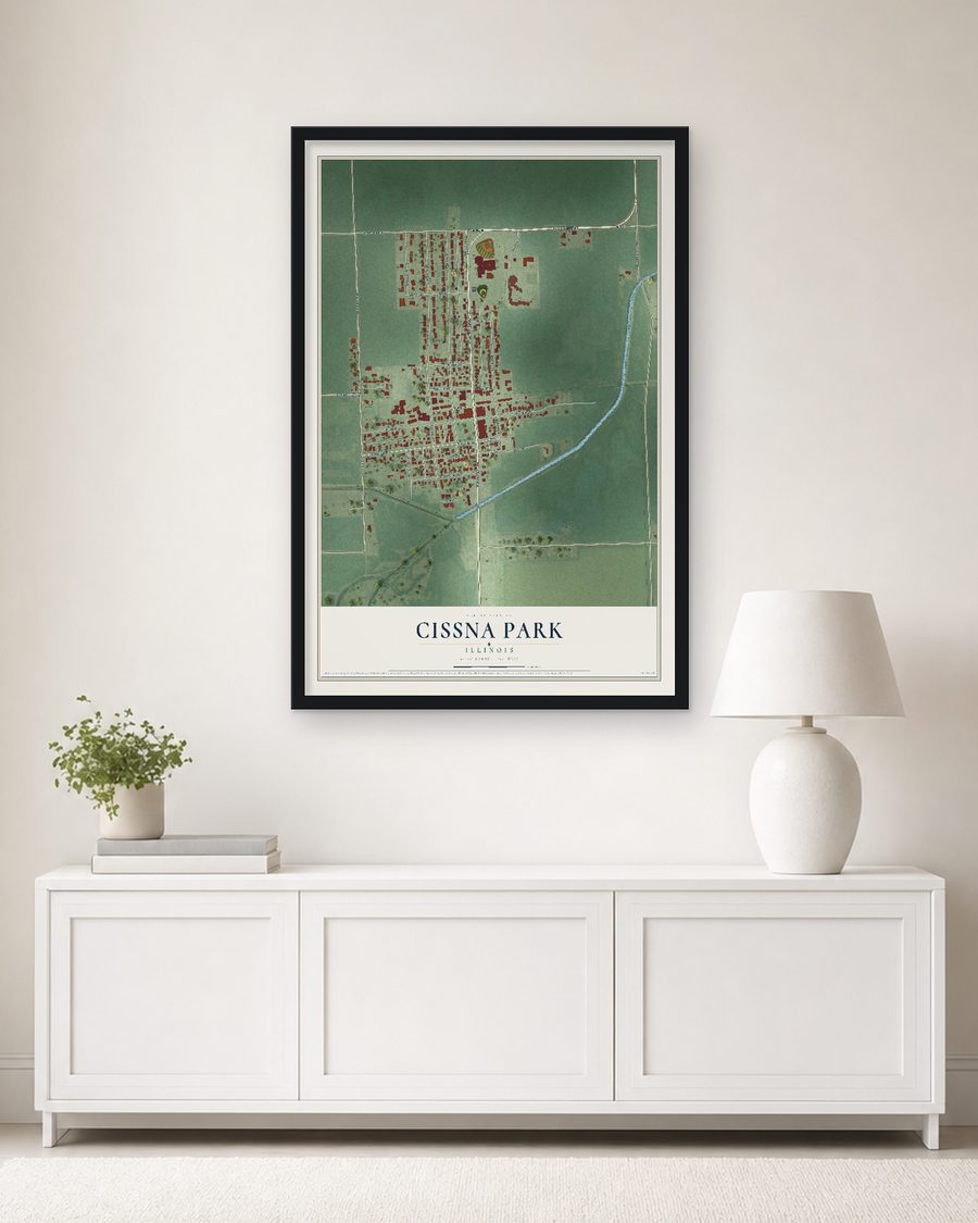 The Cissna Park, Illinois map, 24 x 36 in, in a black wood frame on a living room wall
