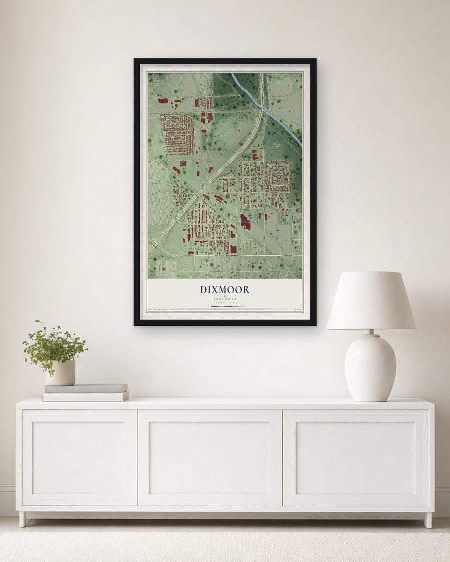 The Dixmoor, Illinois map, 24 x 36 in, in a black wood frame on a living room wall